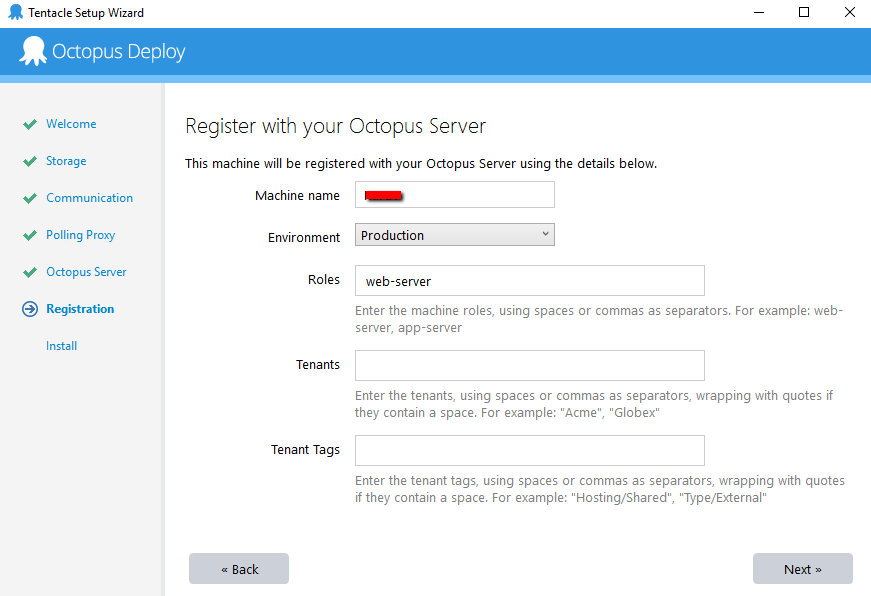 Octopus Deploy Setup Wizard Registration Screen